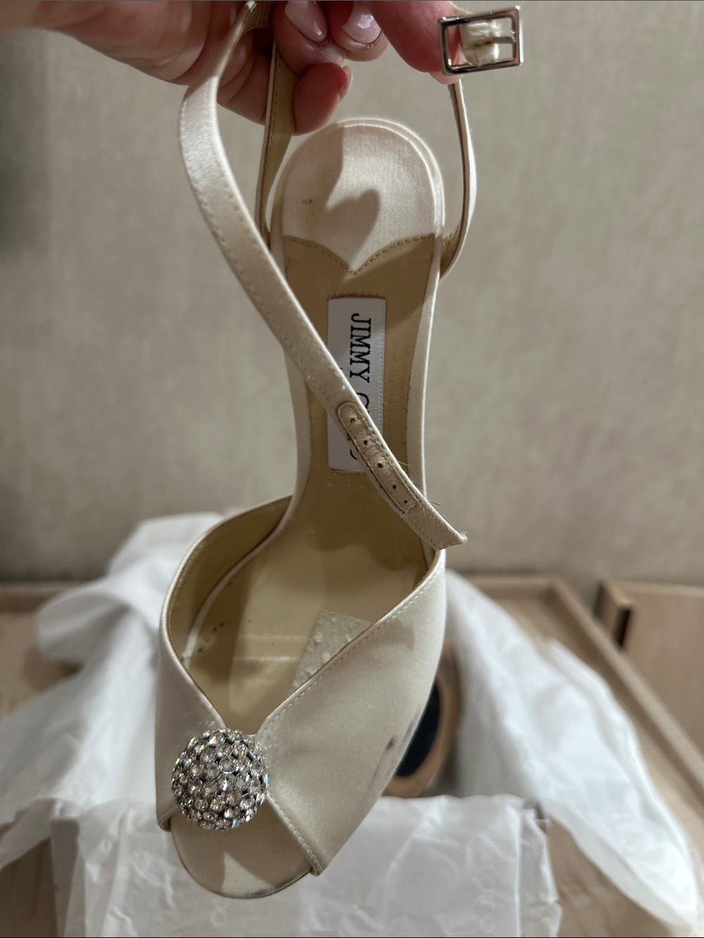 Jimmy Choo Ivory Crystal Satin Pointed-Toe Heels - Picture 8 of 12